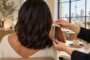 Comparing brunette, blonde and copper hair swatches
