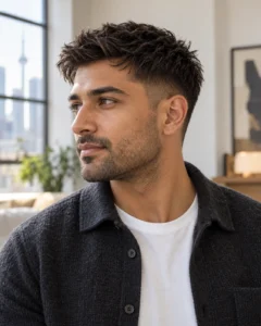 Textured short haircut with tapered sides